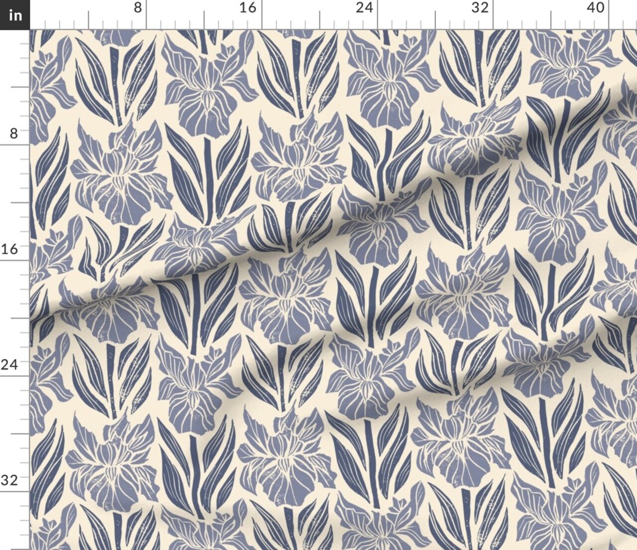 Block Print Floral Periwinkle Blue Irises Bohemian Farmhouse Flowers Cottagecore Custom Printed Fabric by Spoonflower Various Fabrics by the Yard or Fat Quarter